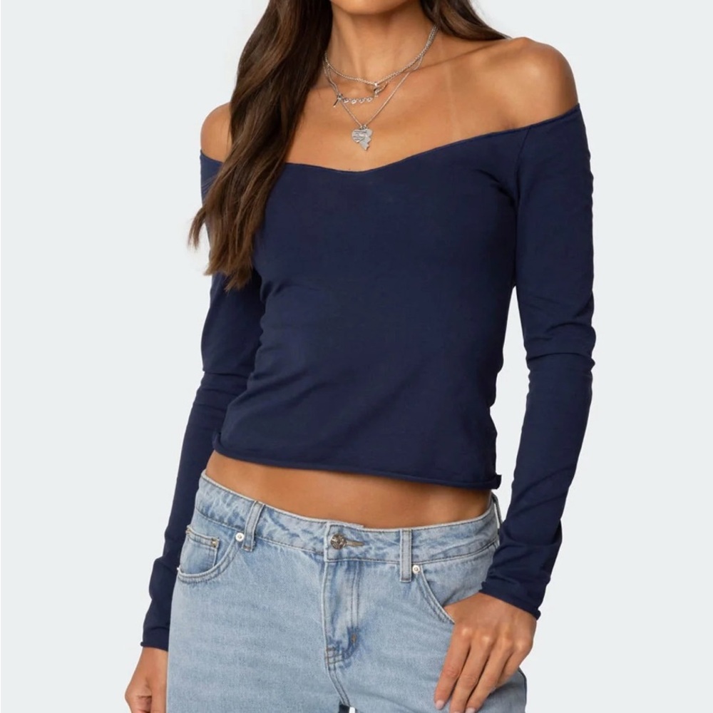 Off-Shoulder Navy Long Sleeve Top